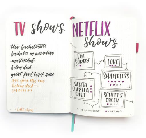 <p>In this golden age of television streaming, it can get tough to keep track of what you're watching. Use this <a href="https://lifebywhitney.com/bullet-journal-ideas/#family" rel="nofollow noopener" target="_blank" data-ylk="slk:bullet journal spread;elm:context_link;itc:0;sec:content-canvas" class="link ">bullet journal spread</a> idea created by Life by Whitney to get a handle on your viewing schedule. You'll never have to wonder what to watch next again. </p>