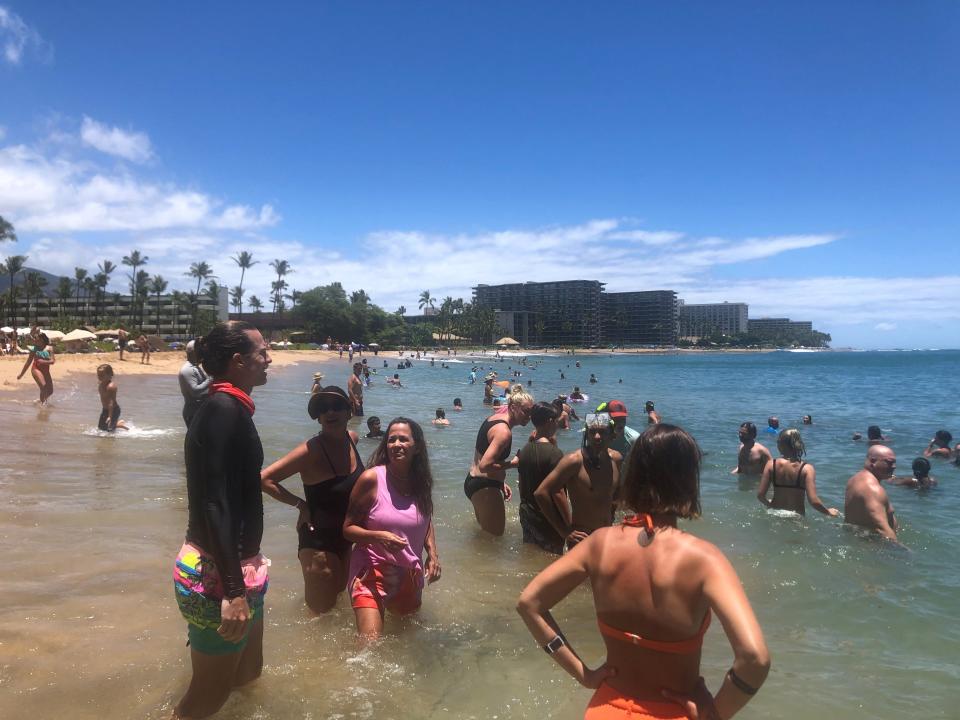 Kaanapali Beach, a popular tourist spot on the Hawaiian island of Maui, was busy on Monday, July 5. Maui  tourism, which essentially shut down for 7 months during the coronavirus pandemic, is approaching pre-pandemic levels by some measures.