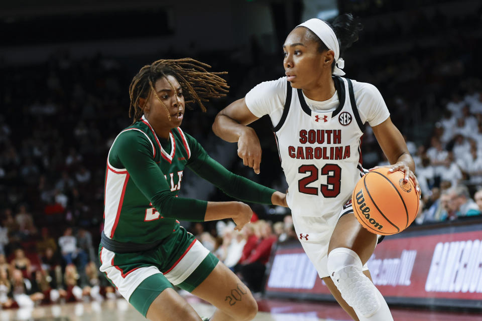 South Carolina guard Bree Hall drives past Mississippi Valley State forward Aaliyah Duranham during their game Friday in Columbia, South Carolina. (AP Photo/Nell Redmond)