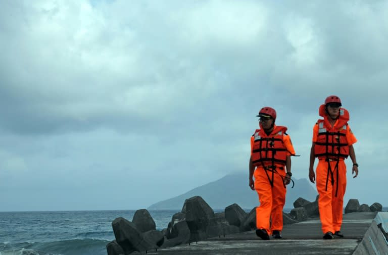 Coastguard personnel patrol in eastern Taiwan as Typhoon Megi approaches, on September 26, 2016