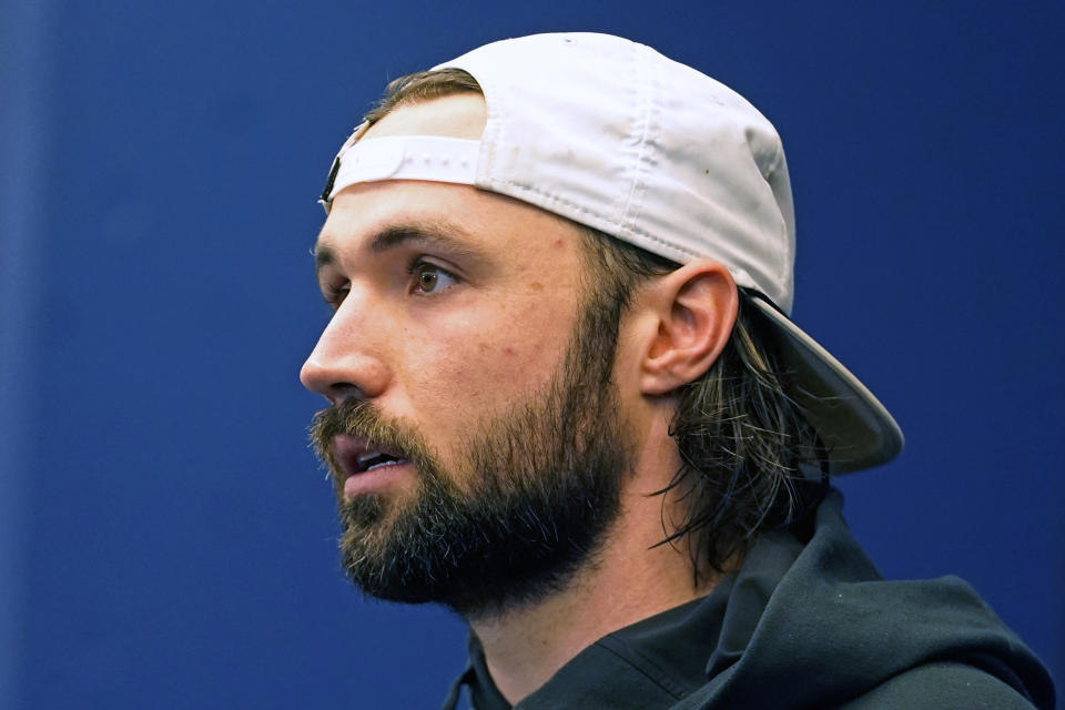 Indianapolis Colts quarterback Gardner Minshew talks with reporters following the team's NFL football game against the Pittsburgh Steelers in Indianapolis on Saturday, Dec. 16, 2023. The Colts won 30-13. (AP Photo/Darron Cummings)