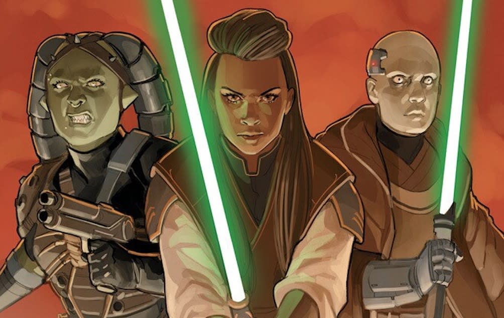  Illustration showing two people wielding green light sabers while a third, a green-skinned humanoid alien, grimaces to the left. 
