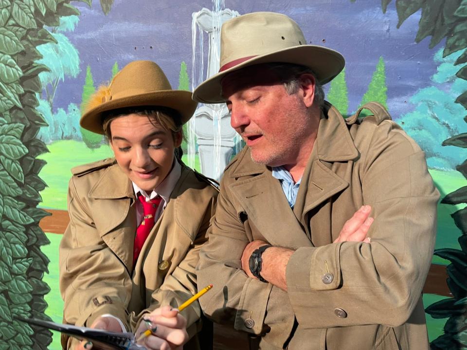 Senior detective "Sam Shovel," played by Steve Mogell, right, compares notes with junior detective "Justine Case," played by Alex King, in the interactive comedy, "The Candy Cane Caper: The Reindeer Who Knew Too Much" at Surfside Playhouse in Cocoa Beach. The show is on stage through Dec. 17, 2023. Visit surfsideplayhouse.com.