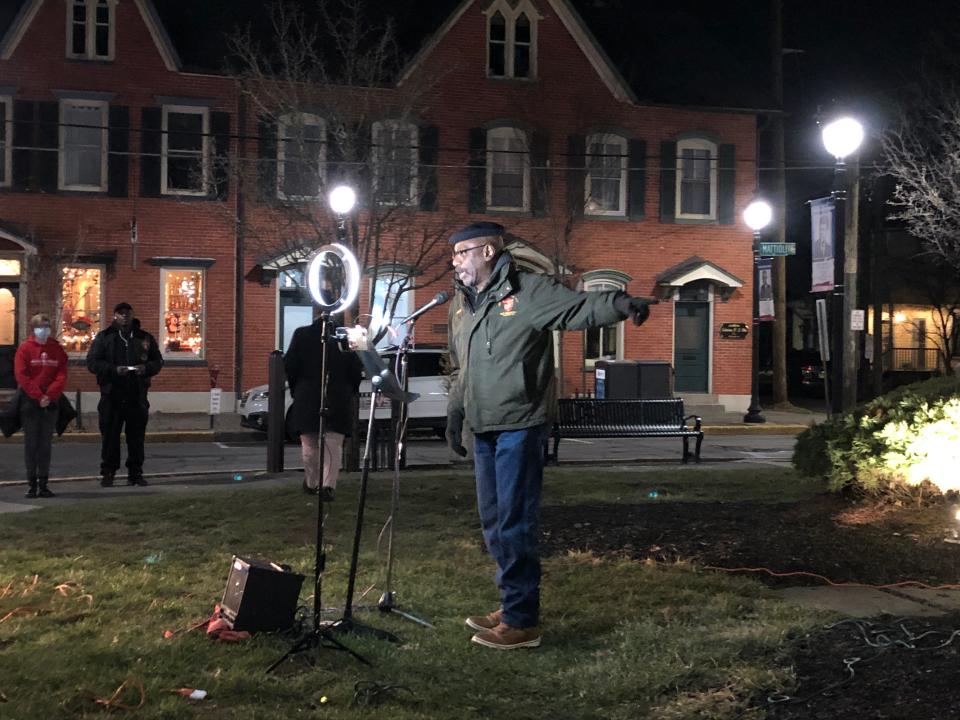 Marine Corps veteran Kenneth Mercer speaks at a vigil for Tyre Nichols in Courthouse Square in Stroudsburg on Monday, Jan. 30, 2023.