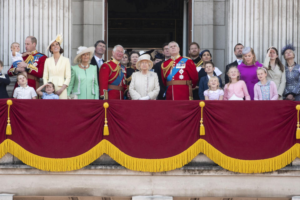 LONDON, June 8, 2019 -- Britain's Queen Elizabeth II C and her family members are seen on the balcony of Buckingham Palace during the Trooping the Colour ceremony to mark her 93rd birthday in London, Britain, on June 8, 2019. Queen Elizabeth celebrated her official 93rd birthday in London Saturday, with a family gathering on the balcony at Buckingham Palace. (Xinhua/Ray Tang) (Xinhua/Ray Tang via Getty Images)