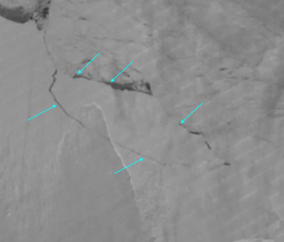 NASA Suomi VIIRS panchromatic image from July 12, 2017, confirming the calving.