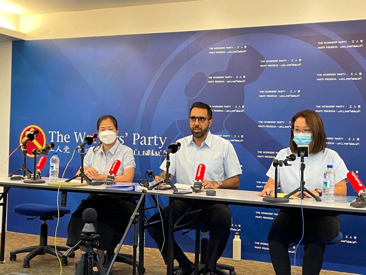 Workers' Party (WP) chief Pritam Singh (centre) is flanked by Sengkang GRC MP He Ting Ru (left), and Aljunied GRC MP and WP chair Sylvia Lim (right). (PHOTO: Nicholas Yong/ Yahoo News Singapore)