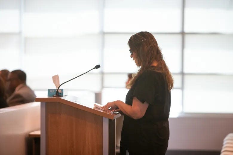 Gabriela Castellano, an El Paso ISD teacher who was indicted on two counts of obstruction or retaliation involving a principal at Bill Sybert School, speaks to the EPISD Board of Trustees to request that her contract not be terminated on May 21, 2024.