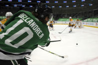 Dallas Stars center Ty Dellandrea (10) takes a shot on goal in the second period against the Nashville Predators during an NHL hockey game on Sunday, March 7, 2021, in Dallas. (AP Photo/Richard W. Rodriguez)