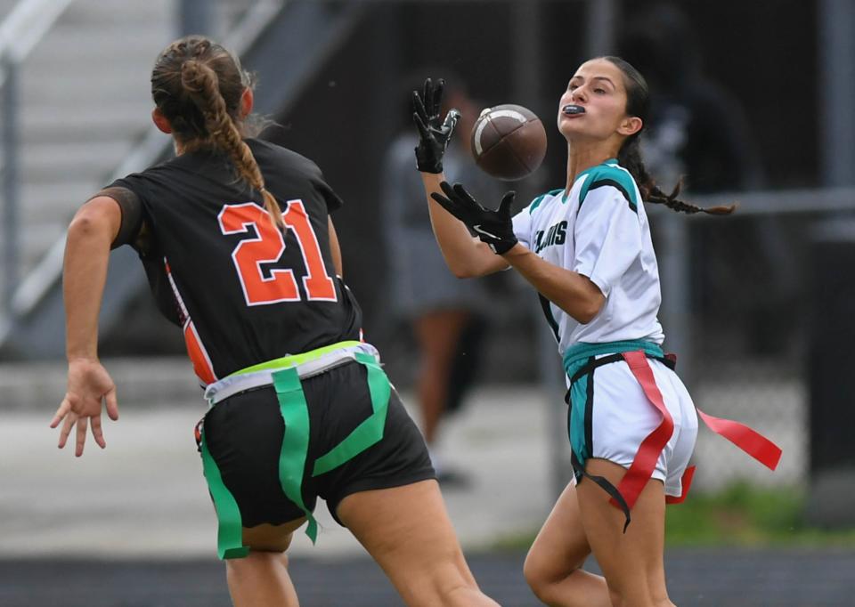 Jensen Beach plays against Lincoln Park Academy during their District 22-1A championship flag football game at Jensen Beach High School on Thursday, April 11, 2024, in Jensen Beach. Lincoln Park Academy won 19-14.