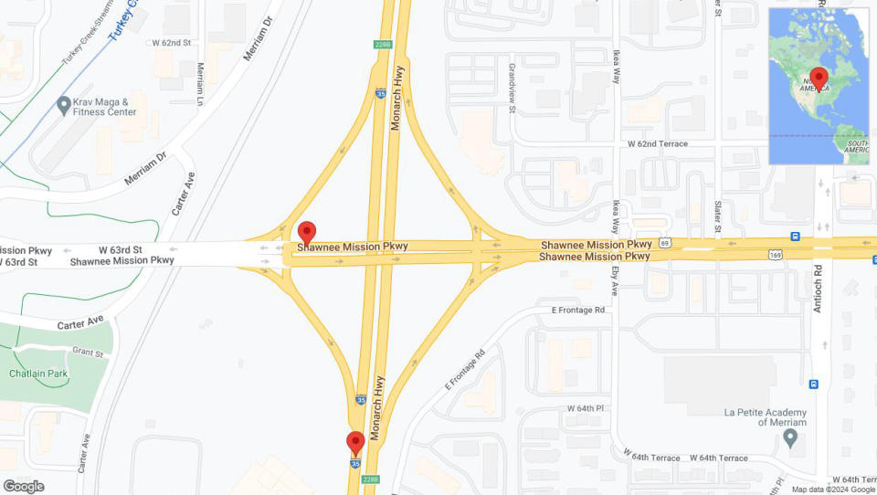 A detailed map that shows the affected road due to 'Merriam: Road closed' on May 2nd at 9:44 p.m.