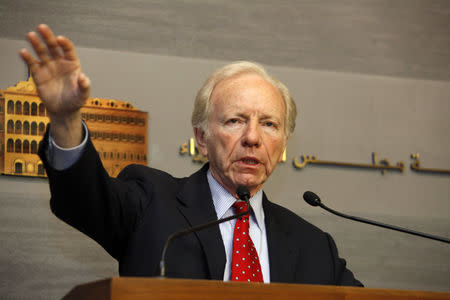 FILE PHOTO: U.S. Senator Joseph Lieberman speaks during a news conference at the government palace in Beirut May 2, 2012. REUTERS/Mohamad Azakir/File Photo