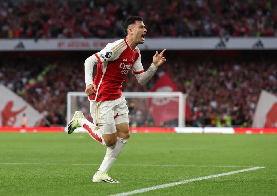 Arsenal’s Gabriel Martinelli celebrates scoring his side’s late winner against Manchester City  (Reuters)