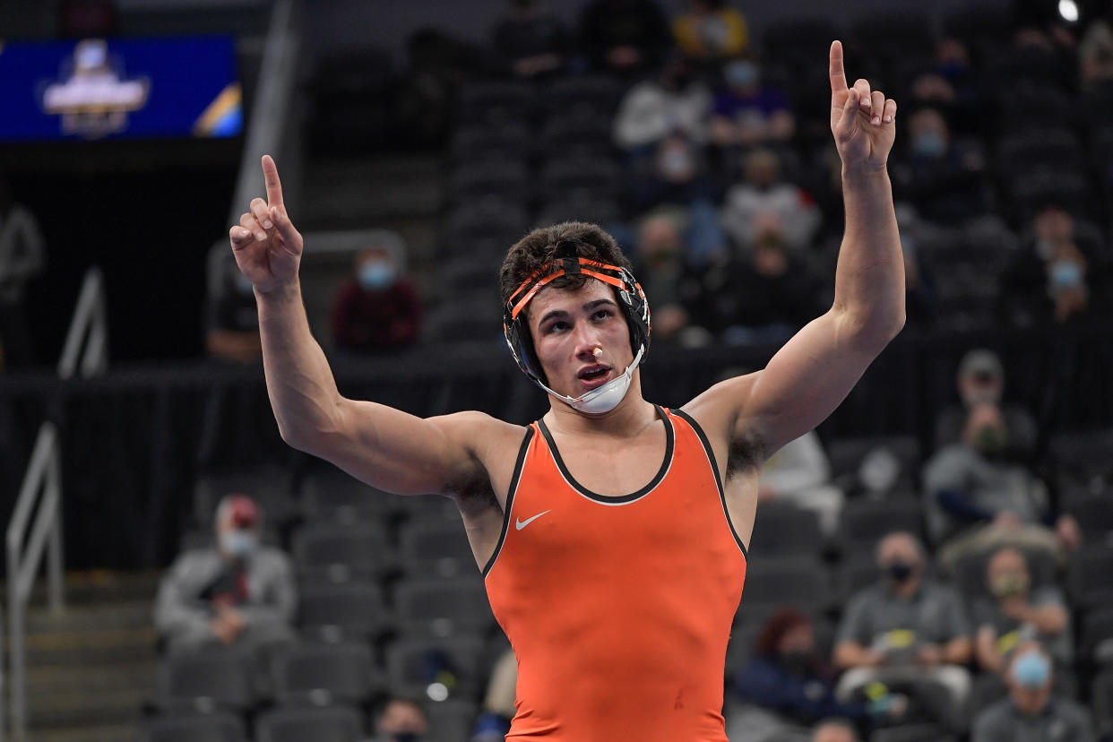 ST LOUIS, MO - MARCH 20: AJ Ferrari of the Oklahoma State Cowboys reacts after beating Nino Bonaccorsi of the Pittsburgh Panthers in the 197lb weight class during the Division I Mens Wrestling Championship held at the Enterprise Center on March 20, 2021 in St Louis, Missouri. (Photo by Scott Rovak/NCAA Photos via Getty Images)