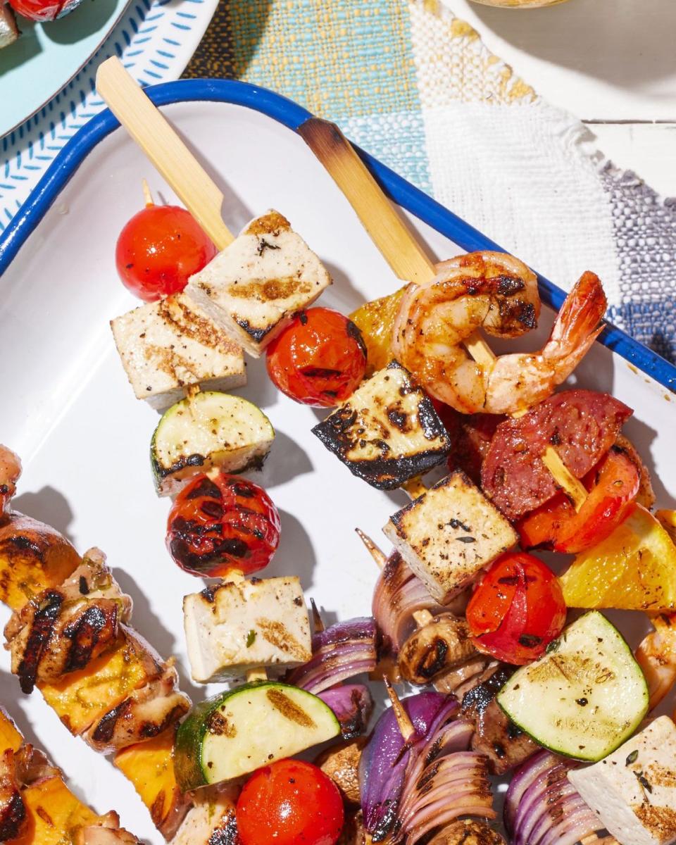 tofu, tomato, and zucchini kebabs