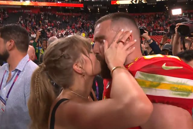<p>CBS</p> Taylor Swift and Travis Kelce