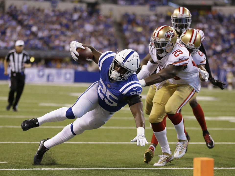 Marlon Mack ran all over the Niners on Sunday. (AP Photo/Michael Conroy)