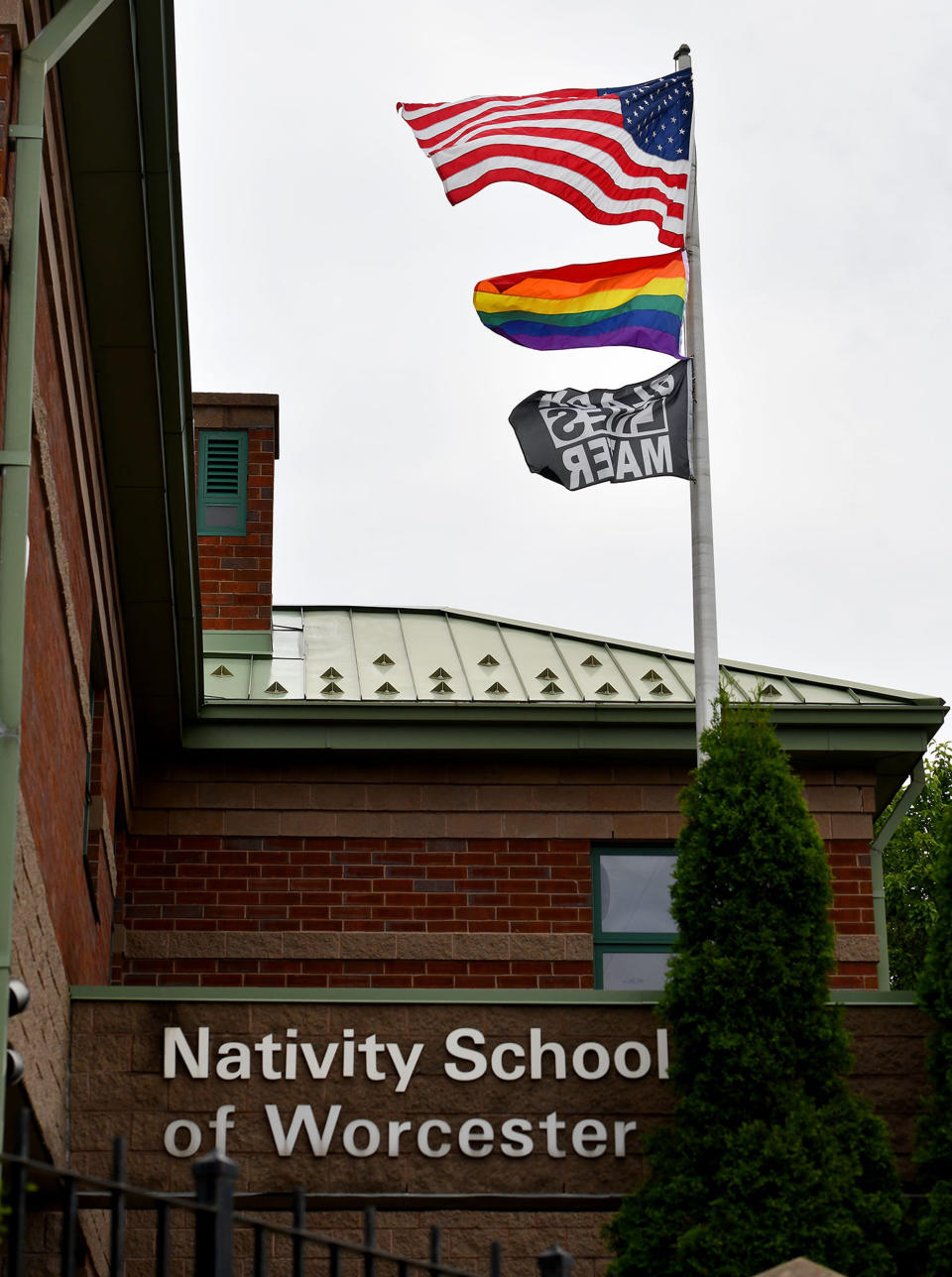 An American flag, Pride flag and Black Lives Matter flag (Allan Jung / Telegram & Gazette / USA TODAY NETWORK)