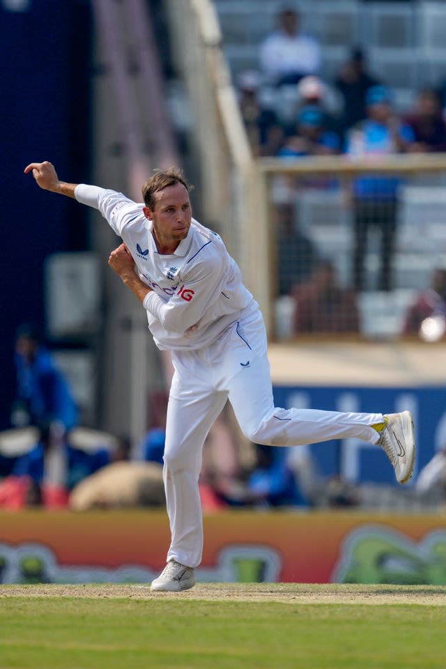 England’s Tom Hartley bowls