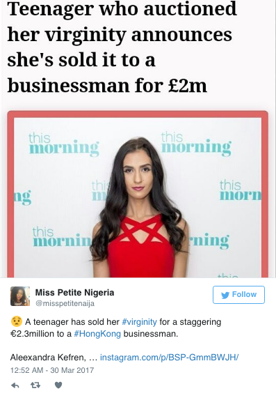 18-year-old Romanian Aleexandra Kefren has auctioned off her virginity for $2.5 to Hong Kong businessman, raising questions about consent, shame, power, and safety.