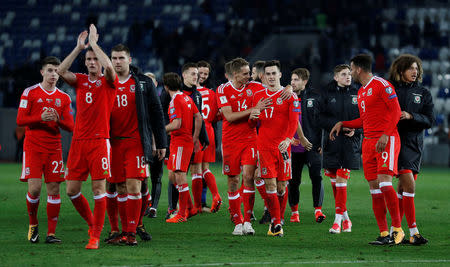 Soccer Football - 2018 World Cup Qualifications - Europe - Georgia vs Wales - Boris Paichadze Dinamo Arena, Tbilisi, Georgia - October 6, 2017 Wales' Tom Lawrence celebrates with teammates after the match Action Images via Reuters/Peter Cziborra