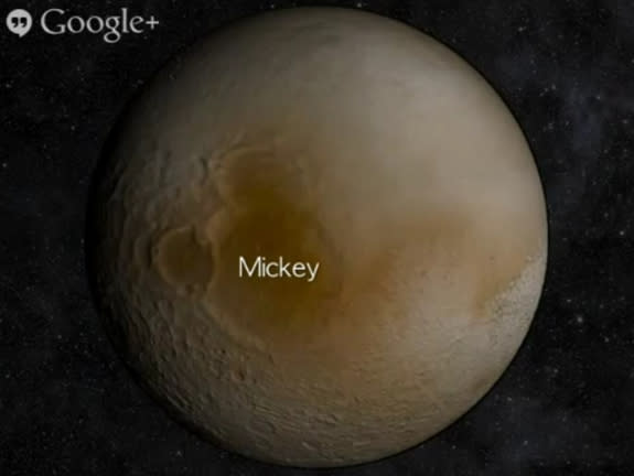 Some craters and other surface features spotted on Pluto by NASA's New Horizons probe in 2015 may end up bearing the name of "Star Trek" characters, as this screenshot from a Google+ Hangout demonstrates.