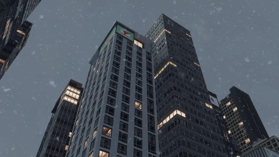 Hail in front of a skyscraper.