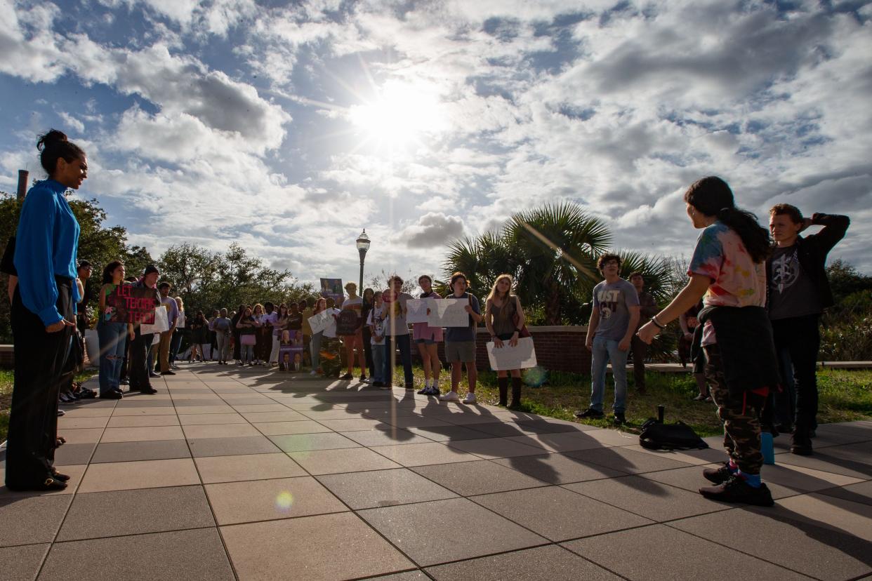 Dozens of students rally outside the Florida State University Student Union to “defend diversity” and voice their opposition of cuts to Sociology and other DEI initiatives as a Florida Board of Governors meeting was held inside the building Wednesday, Jan. 24, 2024.