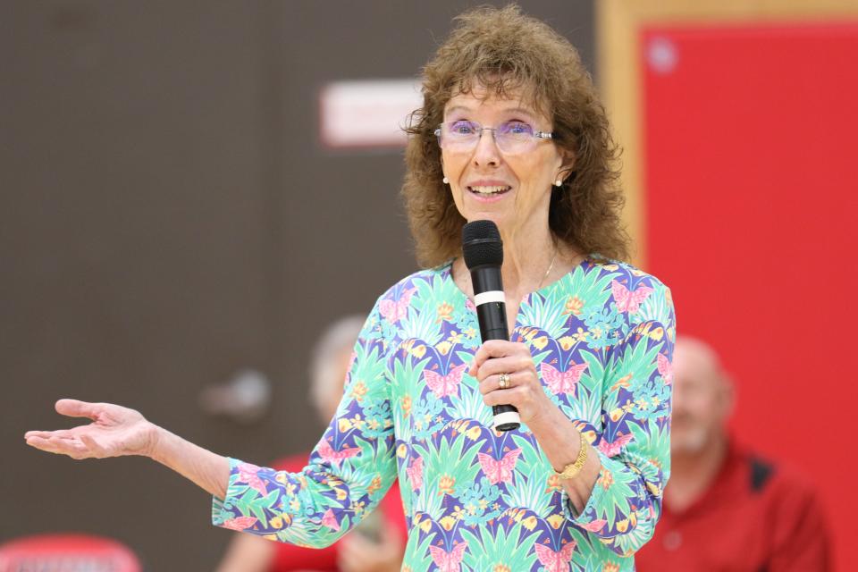 Dr. Jane Foley, senior vice president of the Milken Family Foundation April 19 at Loving High School gym.