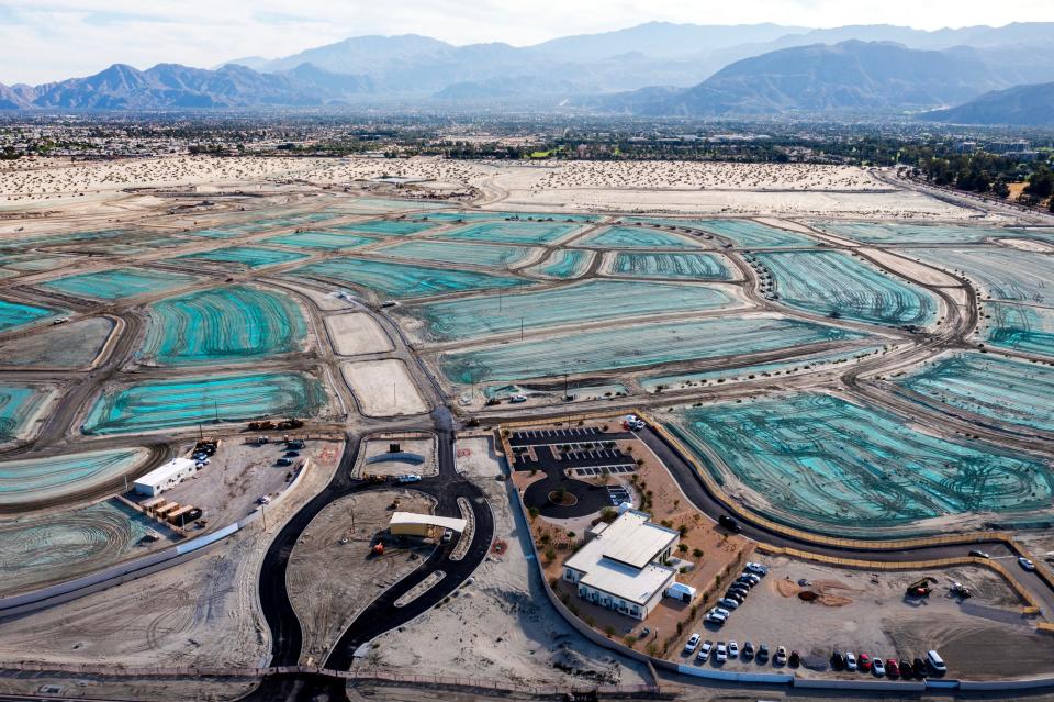 A home sales studio, seen bottom right on Tuesday, is the first structure built at the new Cotino community in Rancho Mirage.