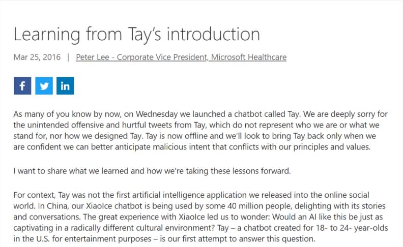將聊天機器人Tay下架後，微軟在官網中發表文章討論Tay遇上的問題。截圖自微軟官網。