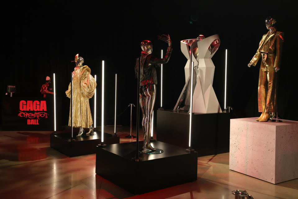 LOS ANGELES, CALIFORNIA - MAY 23: Clothing is seen on display during the World Premiere Fan Screening of HBO Original “Gaga Chromatica Ball” at Nya Studios on May 23, 2024 in Los Angeles, California. (Photo by David Jon/Getty Images for HBO)