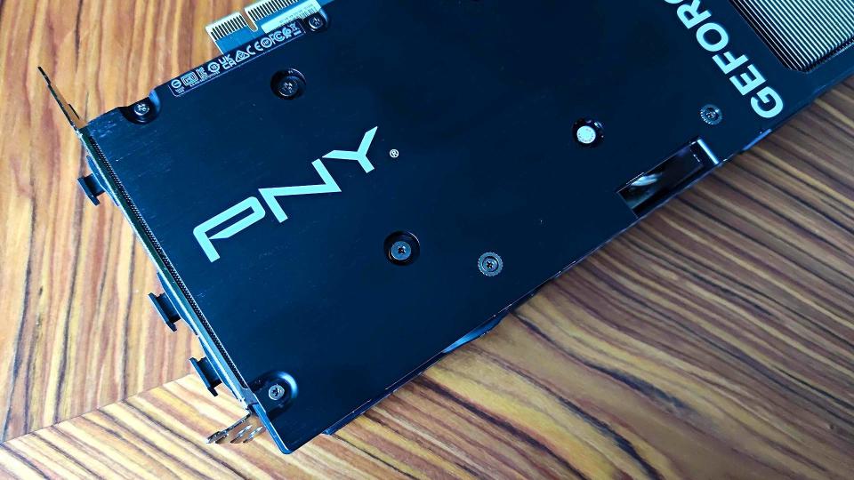 Close up of Nvidia GeForce RTX 4070 Ti Super backplate with PNY logo on back