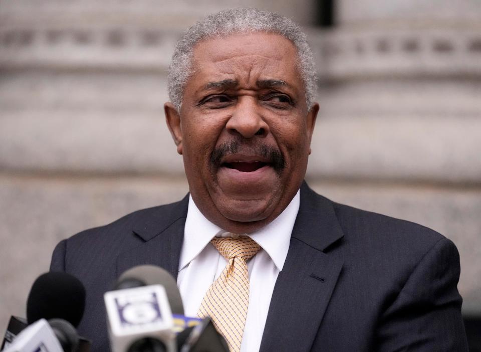 City Attorney Tearman Spencer  speaks during a press conference outside the Federal Courthouse on East Wisconsin Avenue in Milwaukee on Wednesday, March 22, 2023. Common Council members on Tuesday backed legislation authorizing City Attorney Tearman Spencer to hire outside counsel that would advise the city regarding the Kia and Hyundai thefts that have plagued Milwaukee.