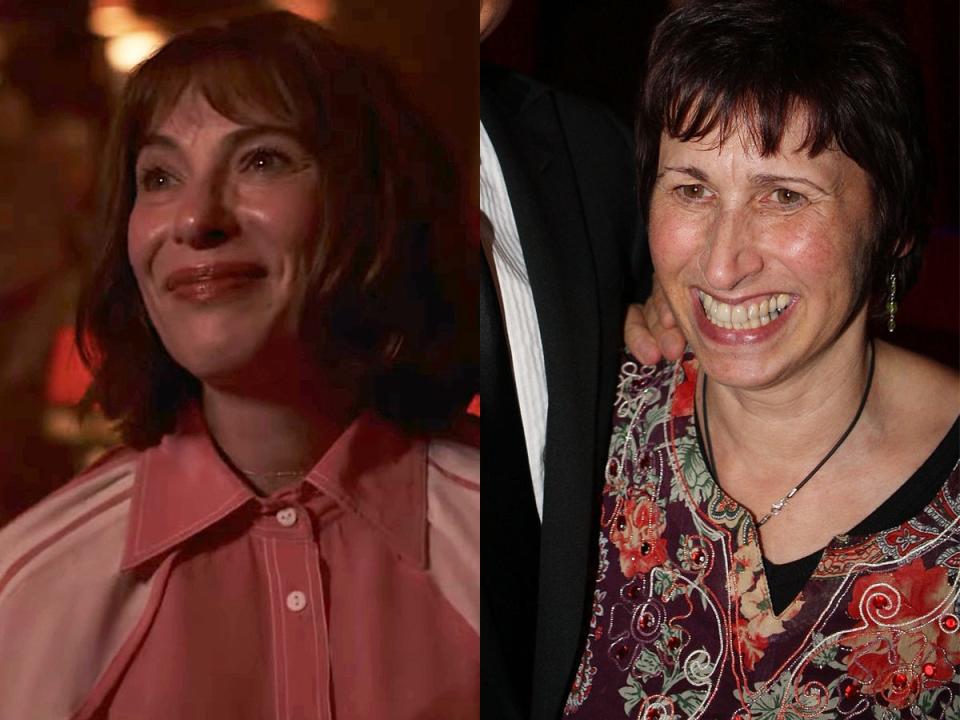 Juliet Cowan, left, as Janis Winehouse in "Back to Black." The real Janis Winehouse, right, in February 2008.