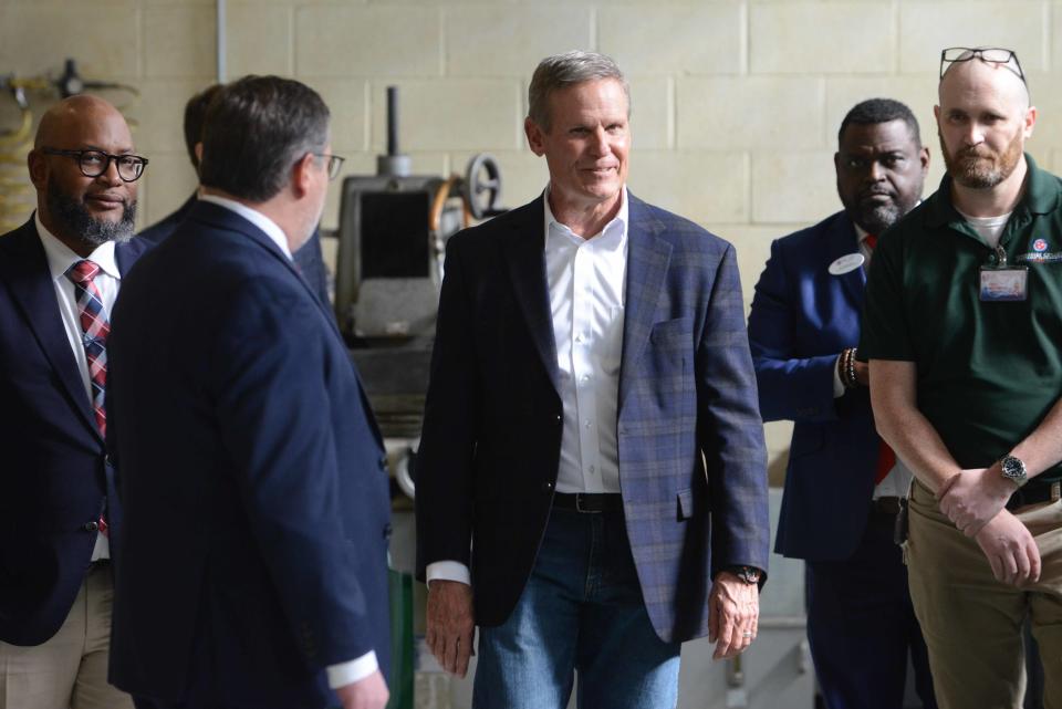Gov. Bill Lee enters a workshop classroom during his tour of Jackson State TCAT facilities in Jackson, Tenn., on Tuesday, Feb.6, 2024.