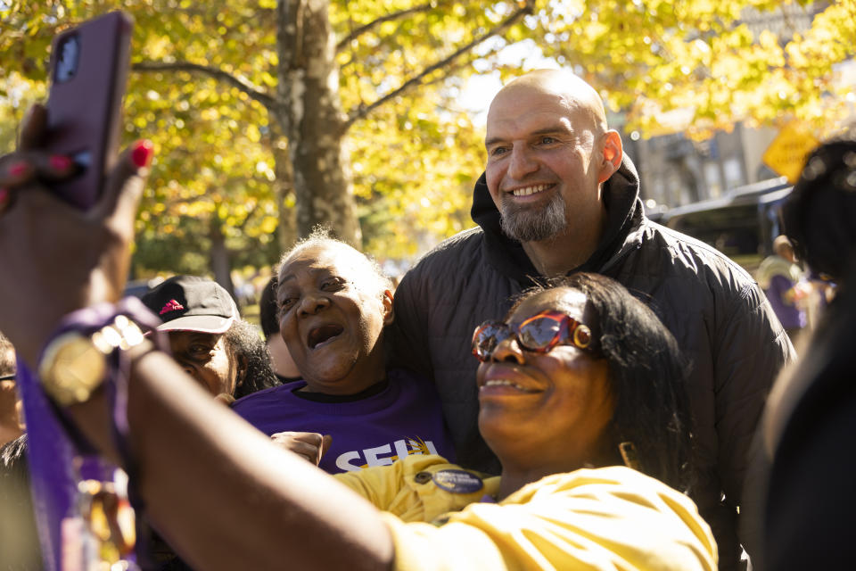 FILE - Pennsylvania Lt. Gov. John Fetterman, a Democratic candidate for U.S. Senate, meeting with attendees at a SEIU union event in Philadelphia, Saturday, Oct. 15, 2022. (AP Photo/Ryan Collerd, File)