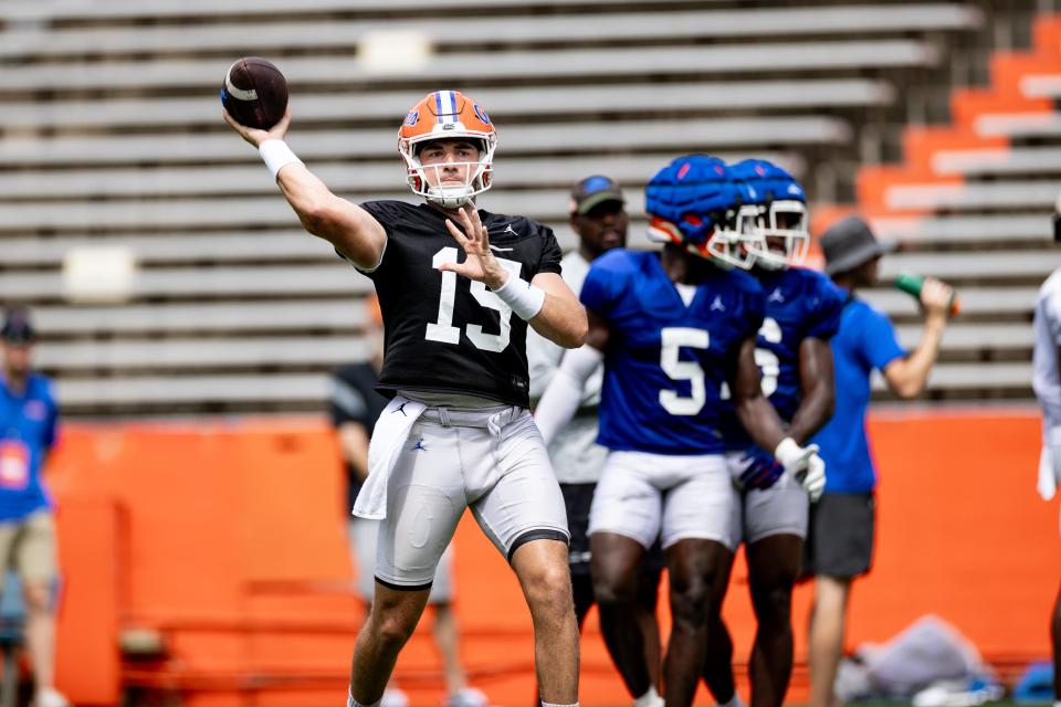 Florida Gators quarterback Graham Mertz (15) throws the ball during fall football practice at Ben Hill Griffin Stadium at the University of Florida in Gainesville, FL on Saturday, August 5, 2023. [Matt Pendleton/Gainesville Sun]