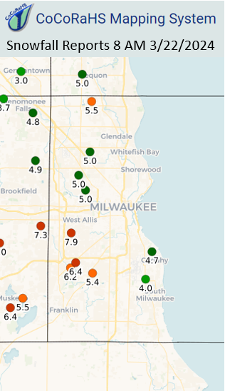 Reports the National Weather Service received in the Milwaukee area the morning of March 22 from a network of citizen weather observers.