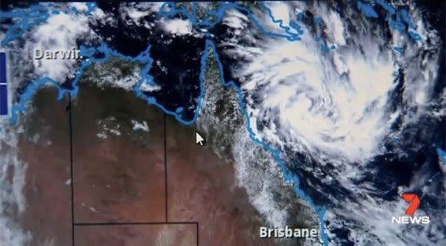 The tropical low is sitting about 600 kilometres east of Cairns, or 610 kilometres northeast of Townsville. Picture: 7 News