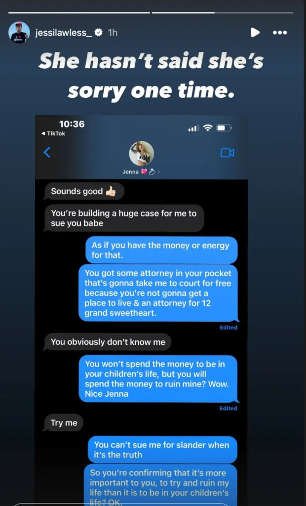 Lawless shared a screenshot of texts allegedly between her and Jameson to her Instagram Story after the TikTok. Instagram/@jessilawless_