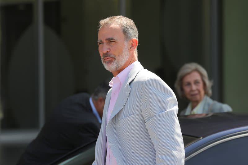 Spain's King Felipe arrives to visits his father Spain's King Juan Carlos at the Quiron Hospital in Madrid