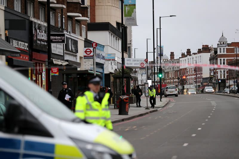 Police is seen near a site where a man was shot by armed officers in Streatham