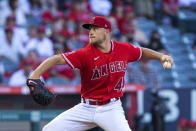 Los Angeles Angels starting pitcher Reid Detmers throws to a Minnesota Twins batter during the first inning of a baseball game in Anaheim, Calif., Saturday, Aug. 13, 2022. (AP Photo/Alex Gallardo)
