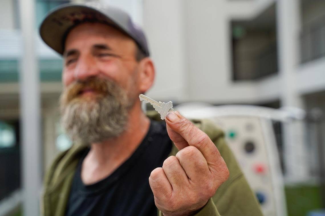 U.S. Marine Corps veteran Brian Brewer was homeless for 12 years in San Luis Obispo County, and now lives at Broad Street Place, an affordable housing complex by People’s Self-Help Housing, pictured March 1, 2024. Brewer said he was resistant to accepting services, but was persuaded by a Community Action Partnership of San Luis Obispo case worker to give affordable housing a try over the course of two years.