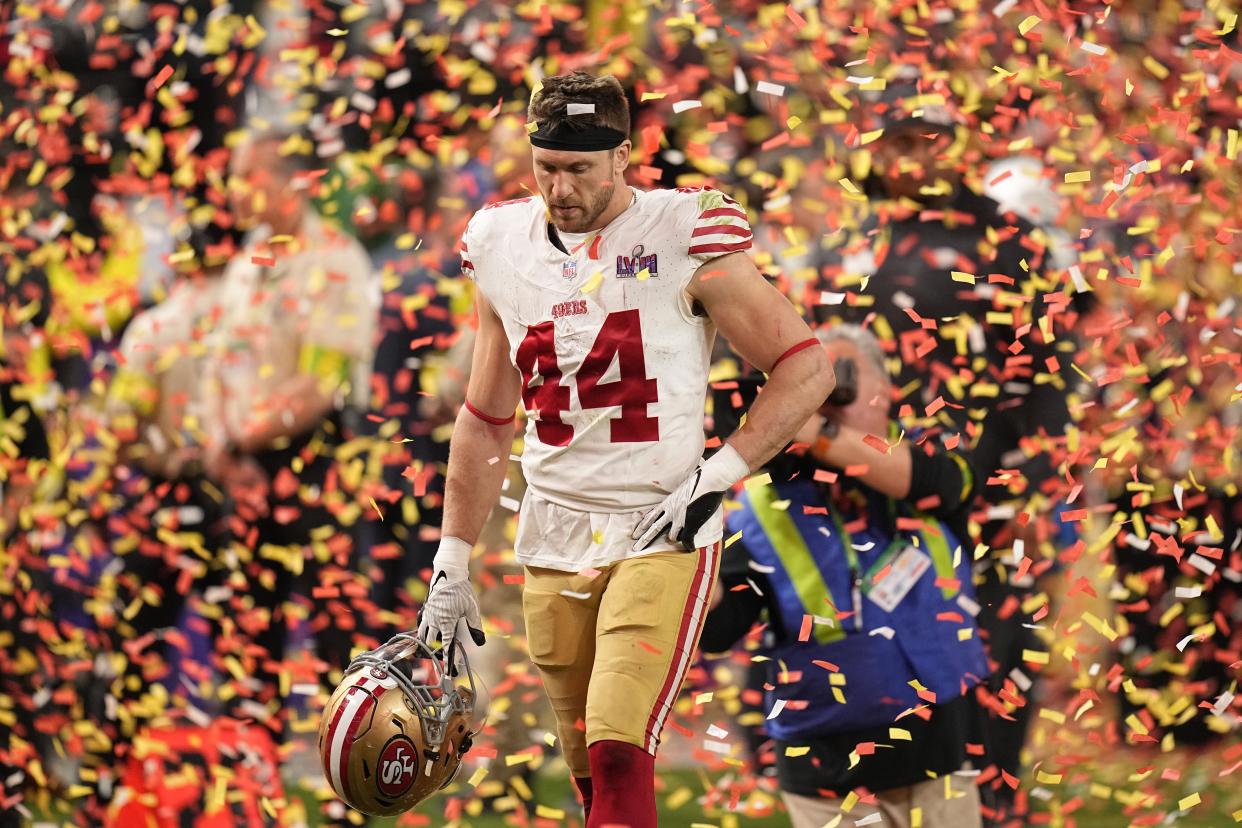 Kyle Juszczyk y los San Francisco 49ers perdieron por segunda ocasión el Super Bowl ante los Kansas City Chiefs. En ambas ocasiones tuvieron ventaja en el cuarto cuarto. (AP Foto/Eric Gay)