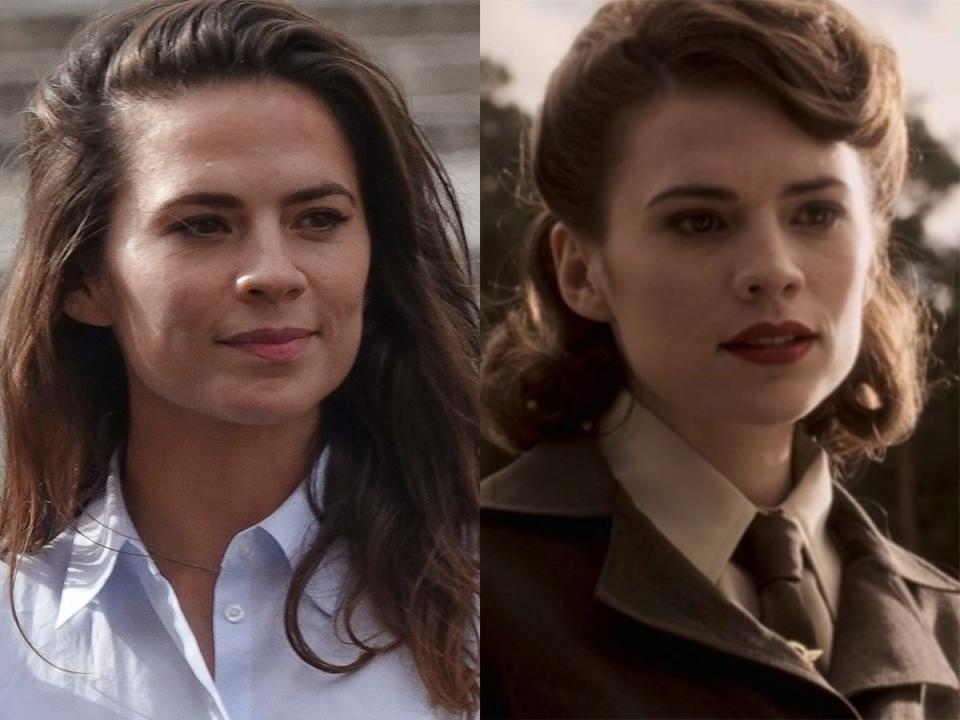 On the left: Hayley Atwell on the set of "Mission: Impossible — Dead Reckoning Part One." On the right: Atwell in "Captain America: The First Avenger."