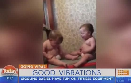 During a segment on Channel Nine's Mornings, the 51-year-old watched a viral clip of two babies on a shaking treadmill, along with fill-in co-host Richard Wilkins. Source: Channel Nine