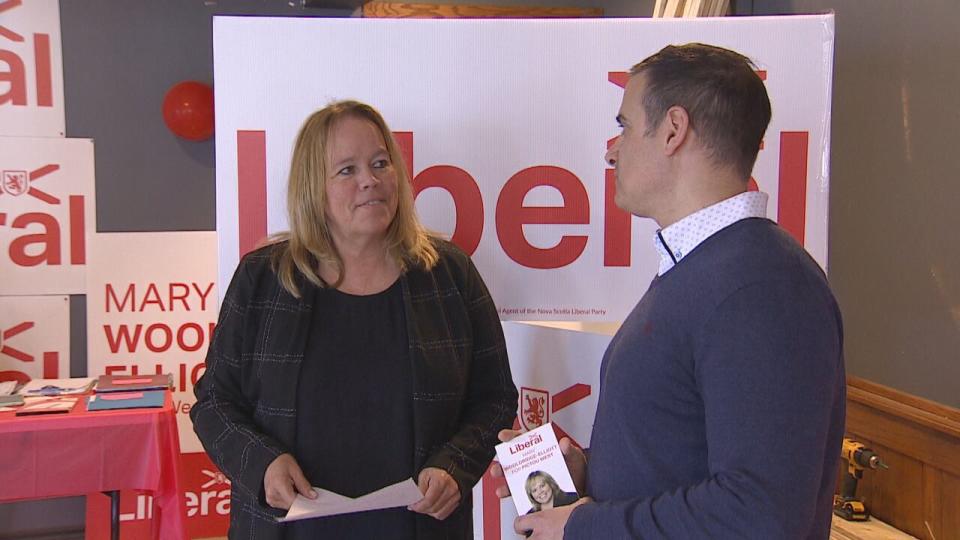 Pictou West Liberal candidate Mary Wooldridge-Elliott speaks with party leader Zach Churchill at an event on Tuesday. 