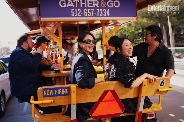 <p>Mary Kang/Netflix</p> The '3 Body Problem' cast hitch a ride on a Pedal Pub at SXSW